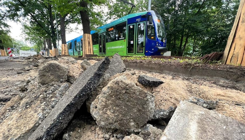 Na ul. Olszewskiego trwa zdejmowanie asfaltu przy dębach oraz z jezdni. 