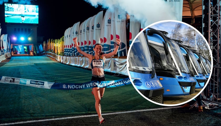 Biegaczka kończy udział w 9. Nocnym Wrocław Półmaratonie i dobiega do mety, w kółeczku tramwaje / zdjęcie ilustracyjne