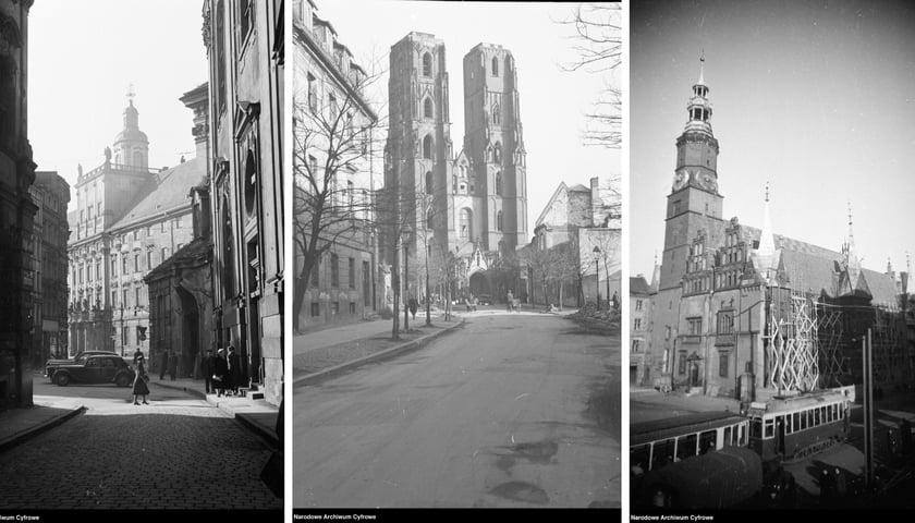 Trzy połączone stare fotografie Wrocławia -  od lewej: widok na Uniwersytet Wrocławski, w środku widok na katedrę na Ostrowie Tumskim, po prawej - ratusz w Rynku