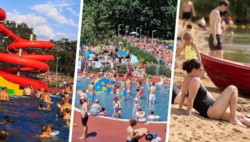 Mężczyźni, kobiety i dzieci na basenach Orbita  i kąpielisku Glinianki