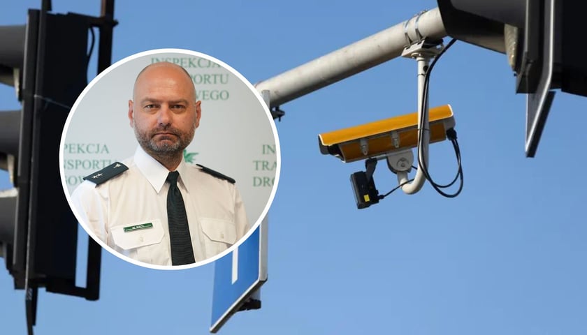 Żółte kamery we Wrocławiu, w kółku mężczyzna w mundurze - Wojciech Król, rzecznik GITD