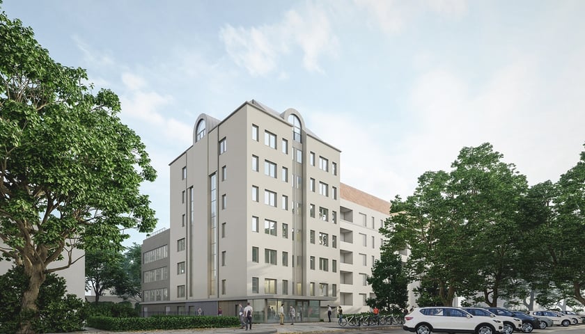 Budynek C - 11 na terenie kampusu Politechniki Wrocławskiej, czyli tzw. Wieża Magów. Wizualizacja