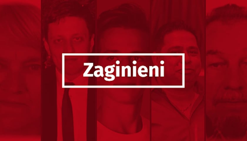 czerwona plansza z napisem: zaginieni