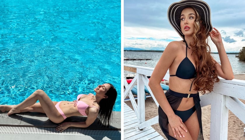 Dominika Kowalczyk leżąca nad basenem (po lewej) i Kinga Cyran stojąca w kapeluszu (po prawej)