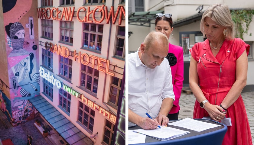 Kilka neonów na ścianie przy Ruskiej (zdjęcie po lewej) / Tomasz Kosmalski podpisujący umowę, obok Renata Granowska (zdjęcie po prawej)