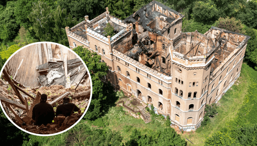 Dopalający się pałac w Świniarach, widok z góry (zdjęcie główne); ruiny wewnątrz pałacu (zdjęcie w kółku)  
