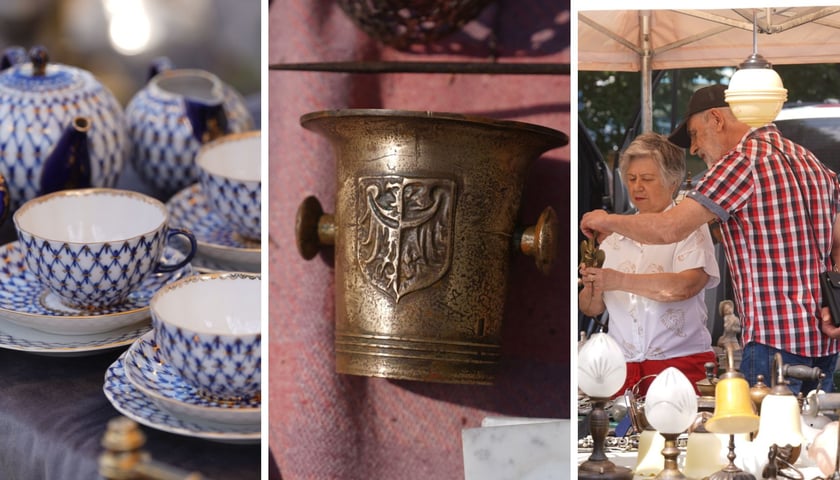 Kolaż trzech zdjęć – od lewej porcelana z fabryki Łomonosow, moździerz z dawnym herbem Wrocławia, ludzie oglądający przedmioty na stoisku