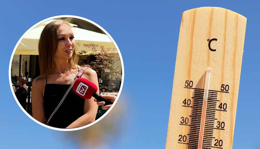Termometr wskazujący na wysokie temperatury. W kółku jedna z mieszkanek mówiąca o sposobie na upał.
