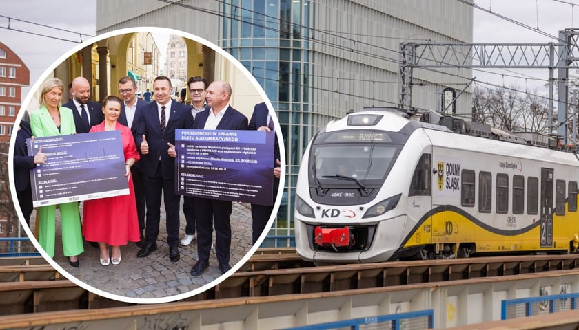 Na dużym zdjęciu pociąg Kolei Dolnośląskich przejeżdżający przez Wrocław. Na małym samorządowcy ogłaszający porozumienie wprowadzające kolej na Urbancard.