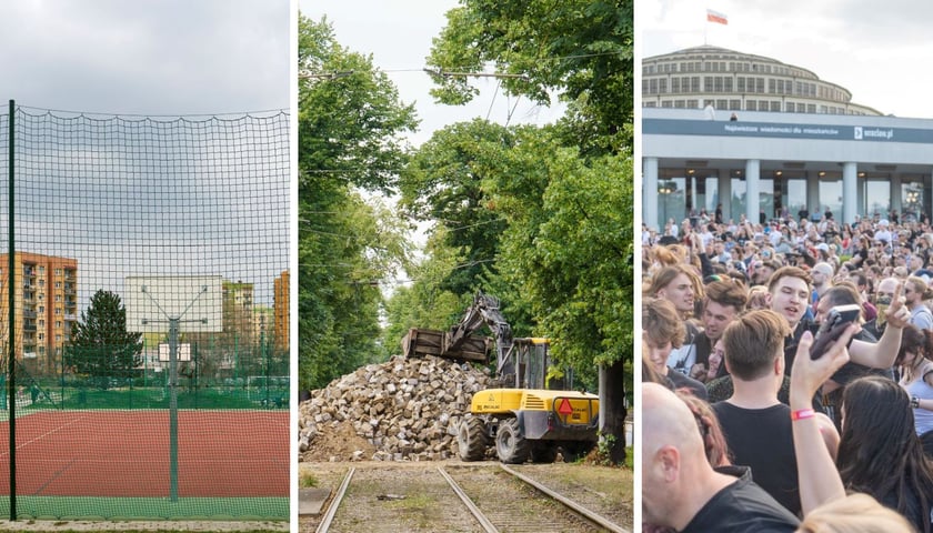 Zdjęcia przedstawiają inwestycje Wrocławia w edukację, komunikację i kulturę - nowe boisko szkolne, remont torowiska oraz koncert przy Hali Stulecia. 