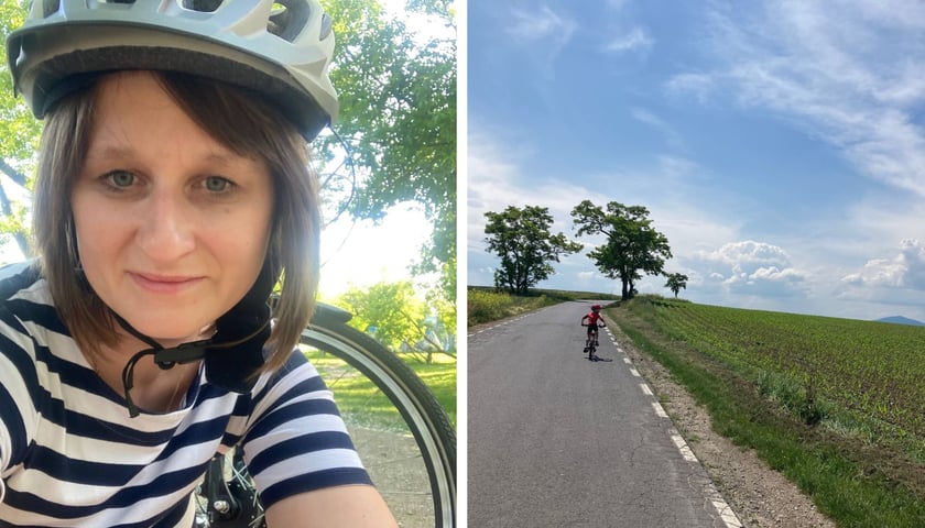 Po lewej: Agata Walczak w kasku rowerowym, po prawej: rowerzystka na drodze, przy której są drzewa