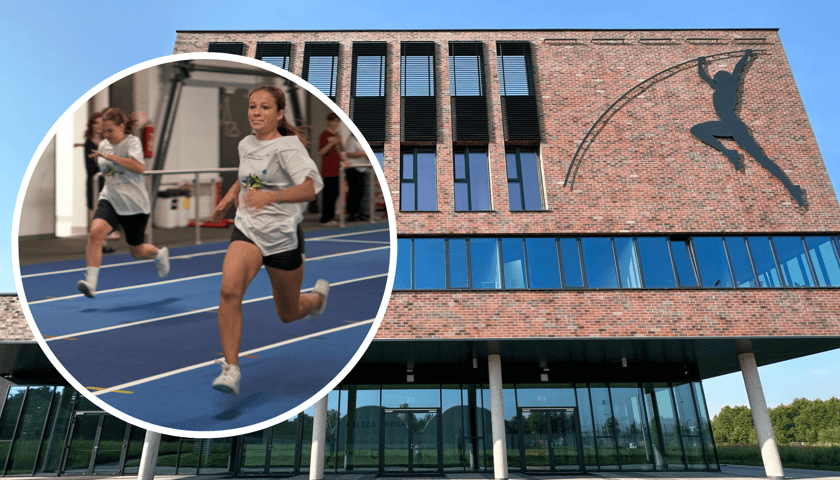 Budynek Ślęzy Areny z zewnątrz, zawodniczki biegów (zdjęcie główne, zdjęcie w kółku)