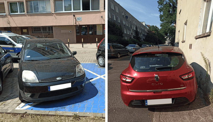 Przykłady nieprawidłowego parkowania: po lewej na kopercie dla osób z niepełnosprawnością, po prawej na chodniku