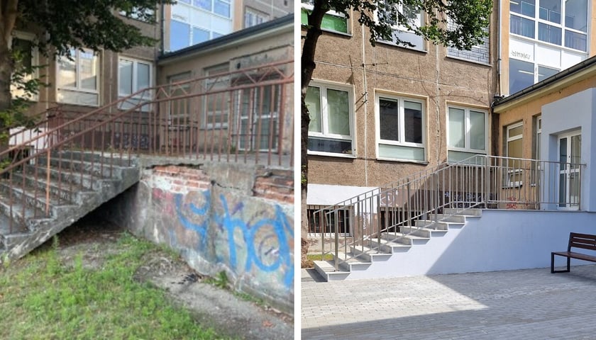 Wejście do bloku sportowego w Zespole Szkolno-Przedszkolnym nr 22 przy ul. Dembowskiego. Po lewej stan przed remontem (z tarasem), po prawej po remoncie (bez tarasu)