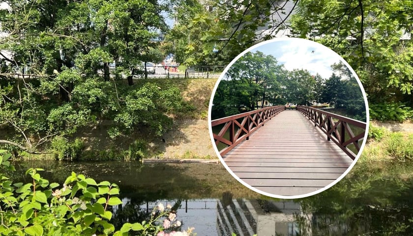Na zdjęciu miejsce, w którym będzie wybudowana kładka. Stylistyką ma przypominać kładkę św. Antoniego (na małym zdjęciu) 