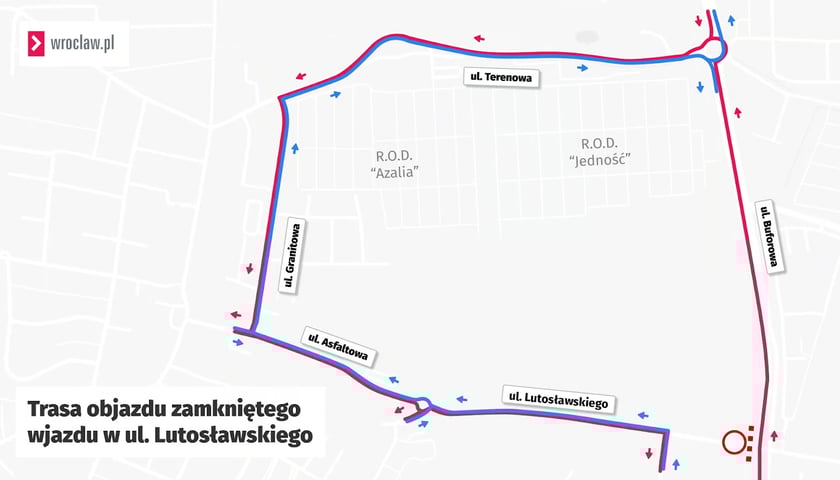 Trasa objazdu zamkniętego wlotu w ul. Lutosławskiego