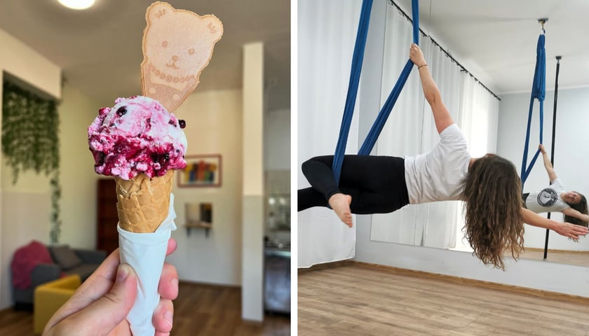 Po lewej: lody w wafelku, po prawej: zajęcia aerial fitness