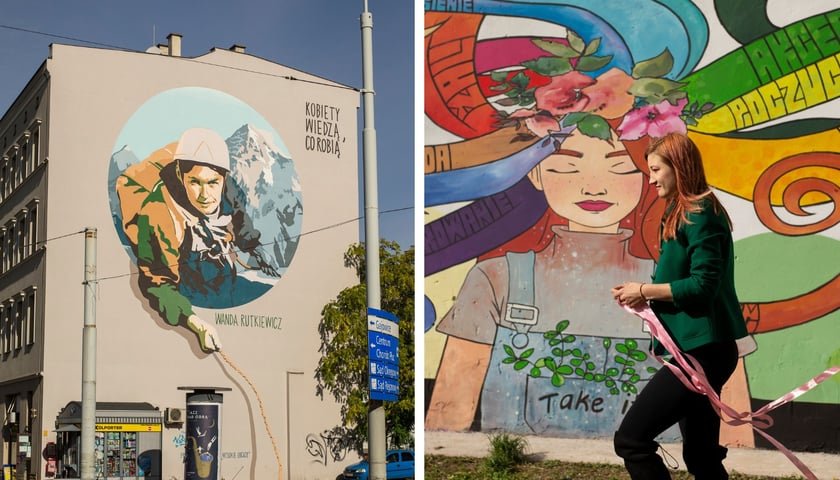 Z lewej mural z Wandą Rutkiewicz, obok mural przy ul. Reja i przechodząca koło niego kobieta.