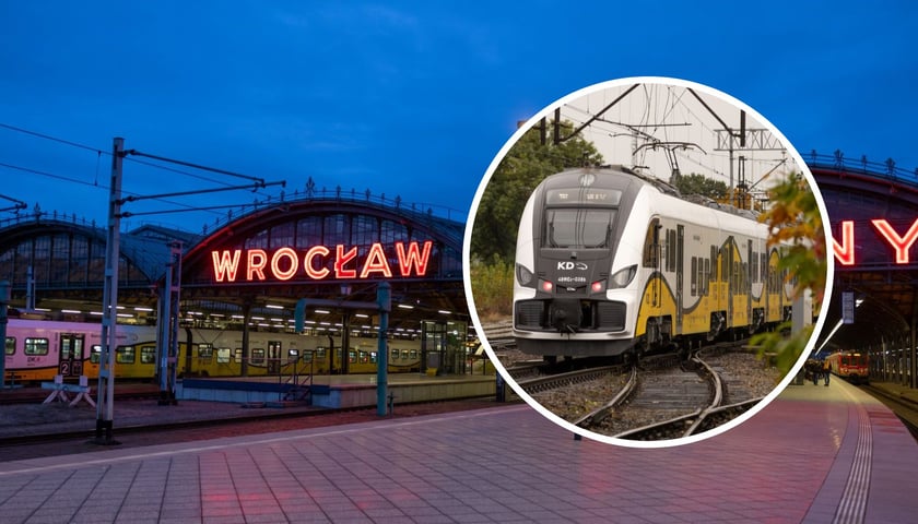 Zdjęcia ilustracyjne: dworzec Wrocław Główny i pociąg Kolei Dolnośląskich 