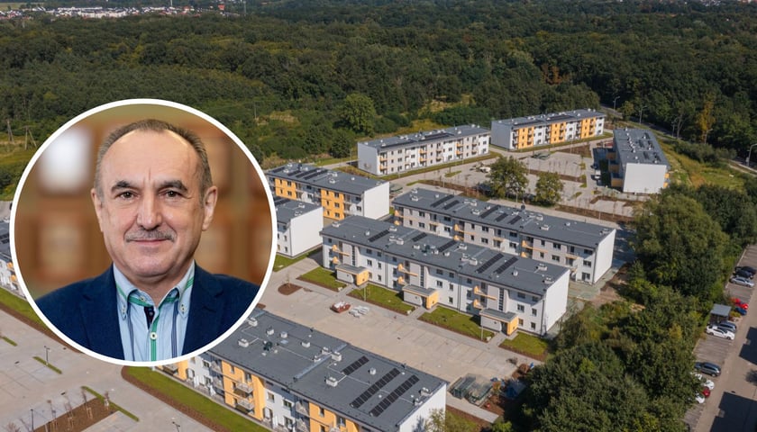 Dwa zdjęcia – na większym domy TBS Wrocław na osiedlu Leśnica, na mniejszym Wojciech Adamski, prezes TBS Wrocław