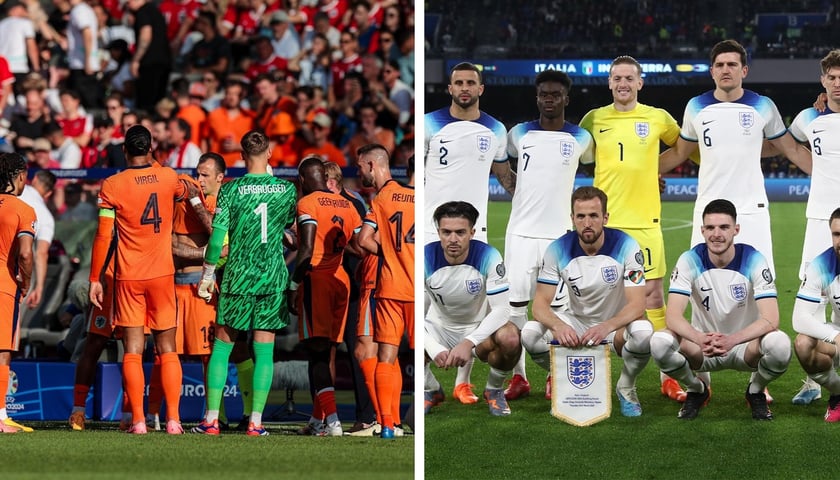 Z lewej drużyna Holandii podczas meczu Euro 2024, obok piłkarze drużyny Anglii