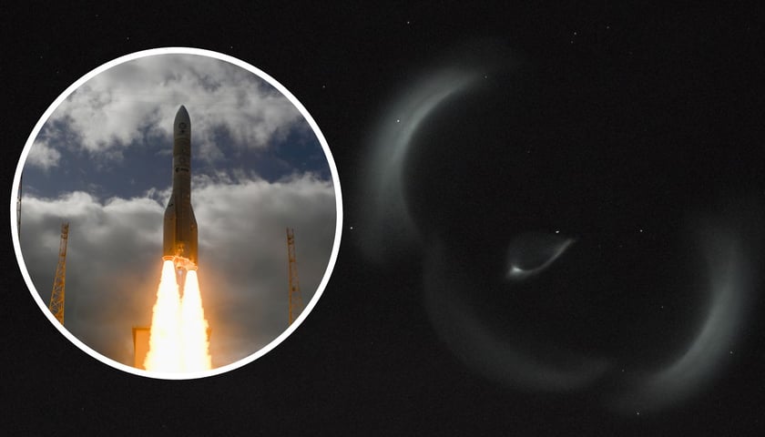 Widok na lecącą rakietę  - zdjęcie główne; start rakiety Ariane 6 (zdjęcie w kółku)