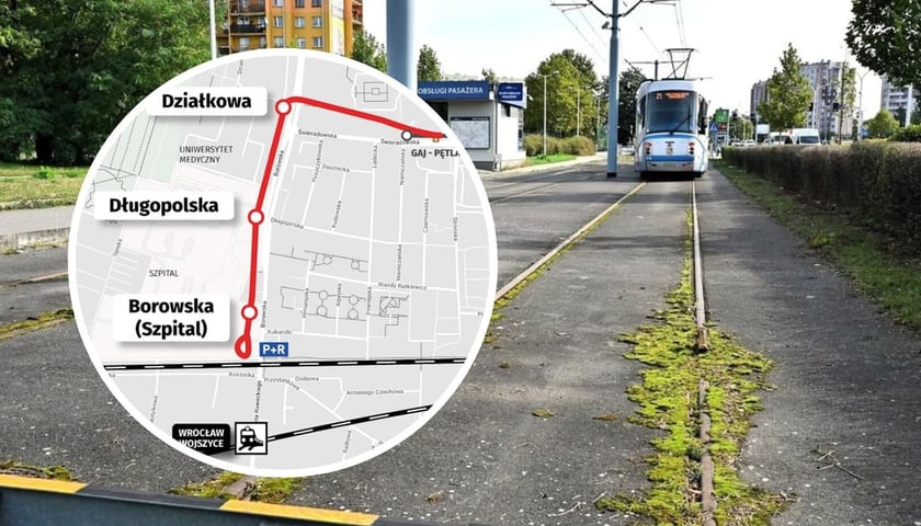 Ilustracja przedstawia tramwaj na krańcówce "Gaj" oraz fragment mapy ilustrującej przebieg nowego torowiska 