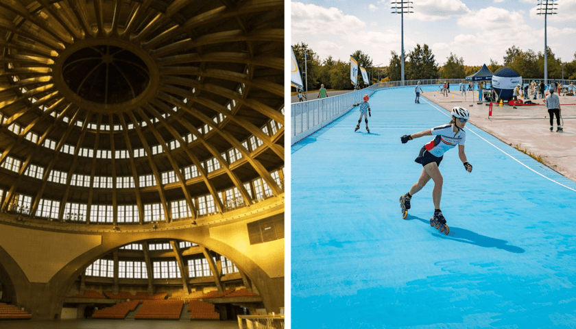 Kolaż dwóch zdjęć. Od lewej: wnętrze Hali Stulecia, Spartan Skate