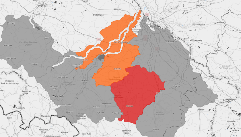 Ostrzeżenia hydrologiczne na Dolnym Śląsku - sobota, 13 lipca 2024. Mapa