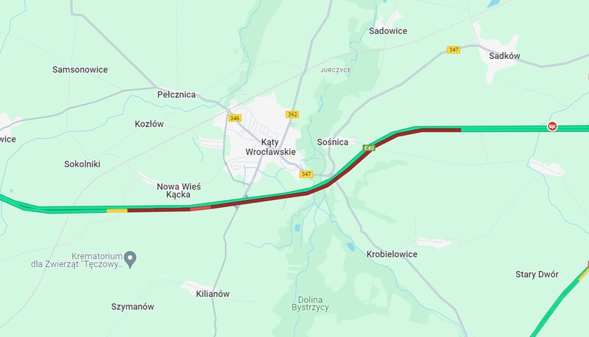 Korek po wypadku na autostradzie A4 - mapa. 14.07.2024, godz. 17.44