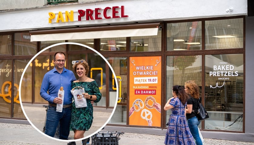 Na zdjęciu głównym lokal Pana Precla przy Oławskiej, na mniejszym zdjęciu Cristina i Marek Niewiadomscy z preclami w dłoniach