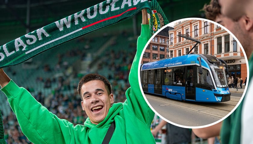 Kibic WKS Śląska w zielonej bluzie (zdjęcie główne), tramwaj (zdjęcie w kółku)   