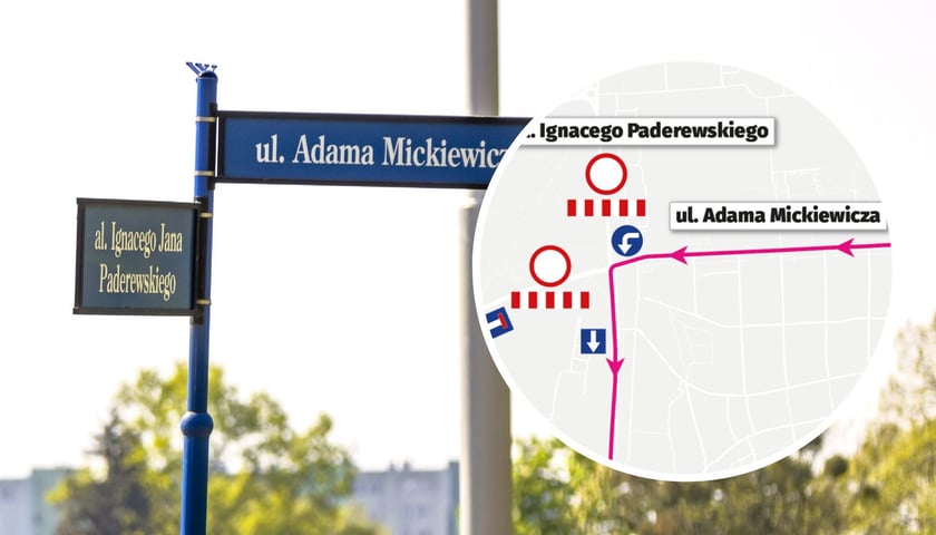 Ilustracja przedstawia tabliczki z nazwami ulic oraz fragment mapy z objazdem 
