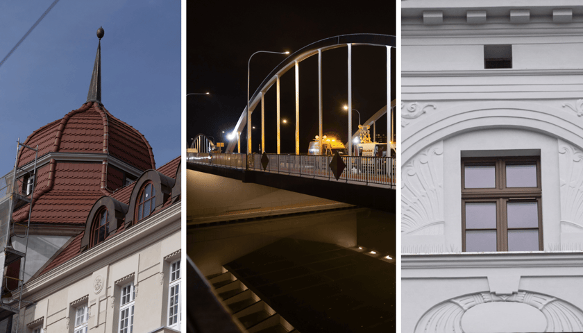 Od lewej: dach Hotelu Grand, mosty Chrobrego nocą, elewacja kamienicy przy ul. Kościuszki 124