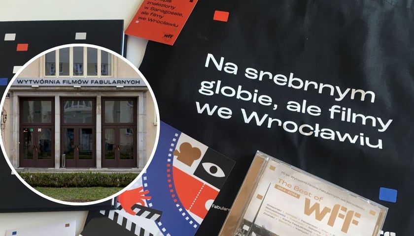 Kolaż dwóch zdjęć – na dużym gadżety, które można wygrać, na małym – szyld na Wytwórni Filmów Fabularnych