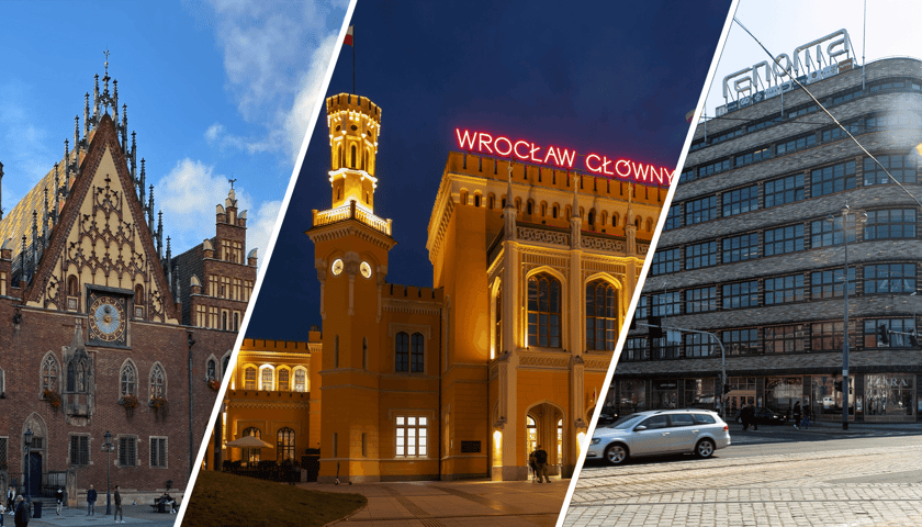 Kolaż przedstawia zdjęcia dworca głównego we Wrocławiu, domu handlowego Renoma oraz Starego Ratusza. Poznaj najpiękniejsze budynki we Wrocławiu. 