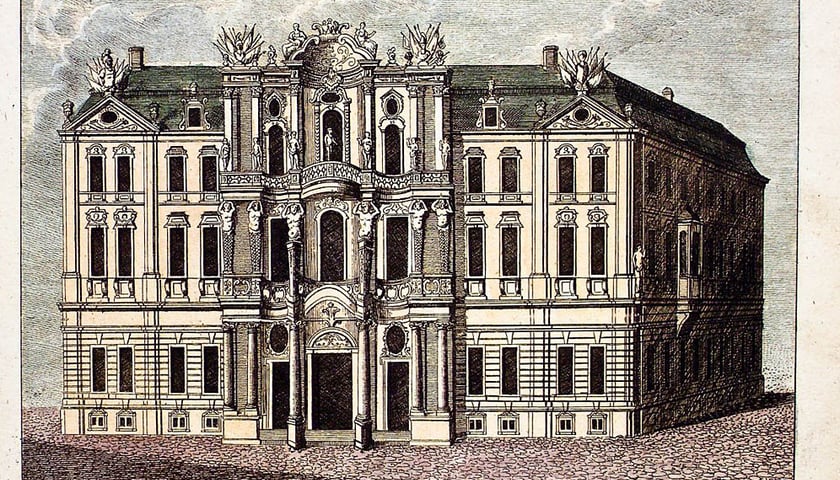<p>1750, pałac Hatzfeld&oacute;w przed zniszczeniem w roku 1760, miedzioryt F.B. Englera z Topographische Chronik von Breslau</p>
