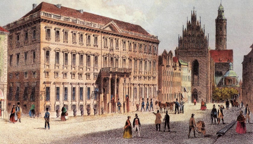 <p>1840, ulica Wita Stwosza, widok na wsch&oacute;d, widoczne pałac Hatzfeld&oacute;w i kości&oacute;ł Św. Wojciecha. Kolorowany staloryt Georga Michaela K&uuml;rza, na podstawie rysunku Carla W&uuml;rbsa</p>