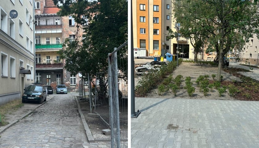 Po lewej stan podwórka jeszcze przed remontem. Po prawej fragment wyremontowanej części z nasadzeniami 