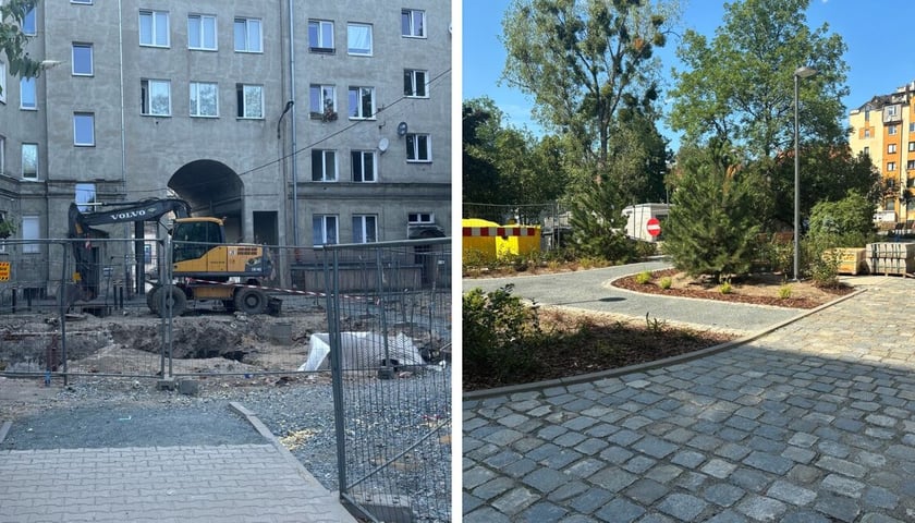 <p>Podw&oacute;rko&nbsp;u zbiegu ulic Jaracza, Orzeszkowej, Wyszyńskiego i Nowowiejskiej - po lewej stan podczas trwania remontu, po prawej już ukończony fragment</p>