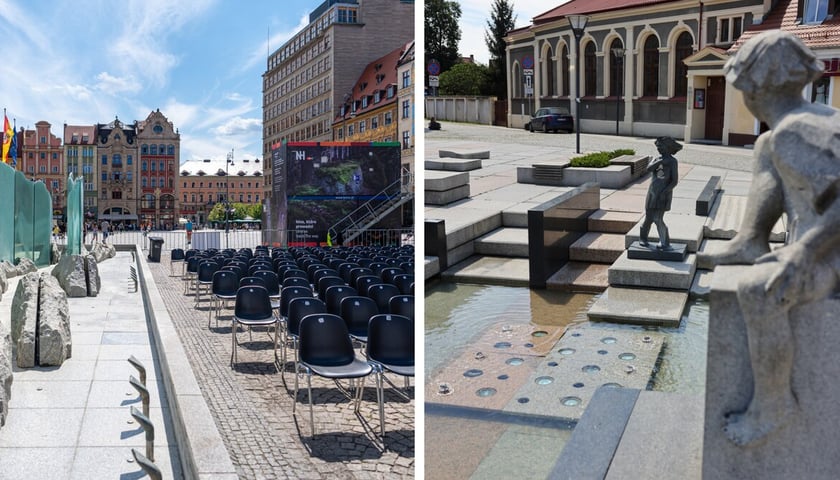 Od lewej: nieczynna fontanna Zdrój na placu Gołębim, obok rozstawione czarne krzesła; z prawej fontanna na Psim Polu  