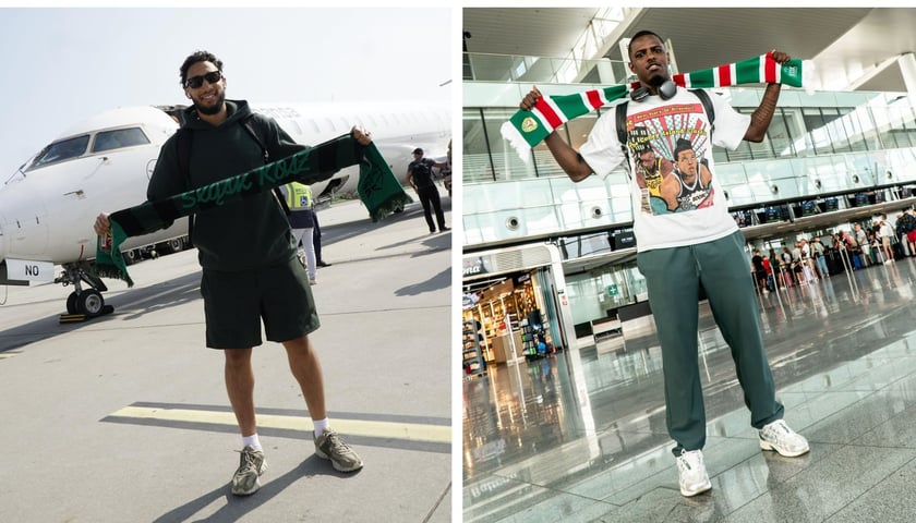 Dwaj nowi zawodnicy: Jeremy Senglin przed samolotem (po lewej), Isaiah Whitehead w terminalu lotniska