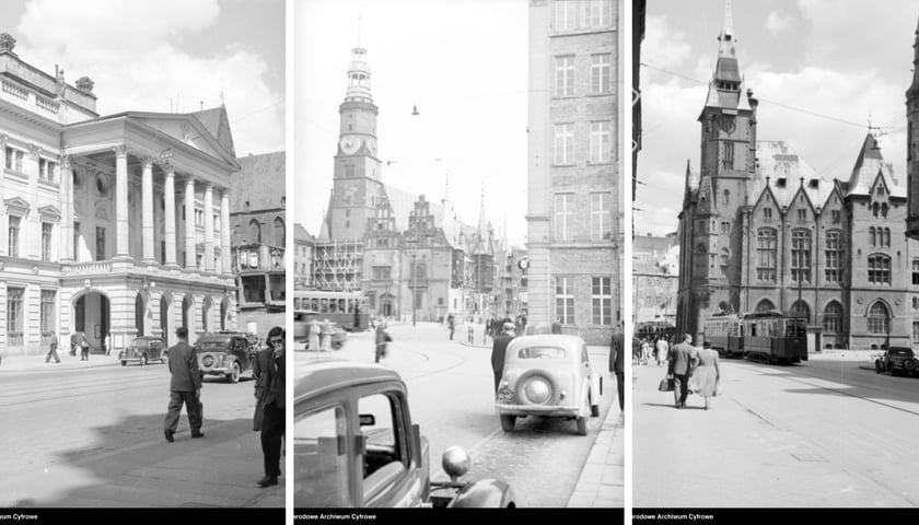 Wrocław w roku 1950. Od prawej - ulica Świdnicka i widok na Operę Wrocławską, w środku - widok na Rynek od strony placu Solnego, na zdjęciu po prawej - budynek biblioteki na Szajnochy (widok z ulicy Krupniczej)