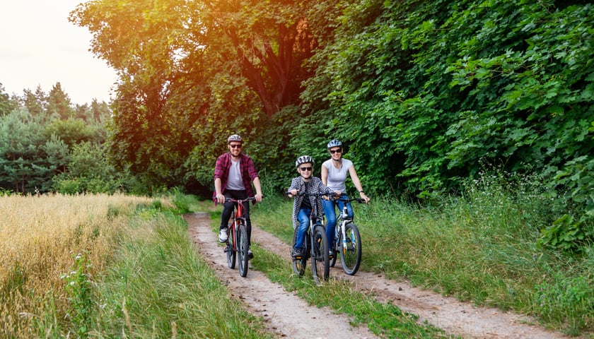 Rowerowa wycieczka to dobry pomysł na weekend. Na zdjęciu dwoje dorosłych i dziecko jadą przez las na rowerach