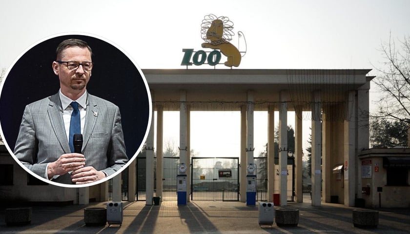 Kolaż dwóch zdjęć – na dużym wejście do Zoo Wrocław, na mniejszym – Sergiusz Kmiecik na spotkaniu z mikrofonem w dłoniach