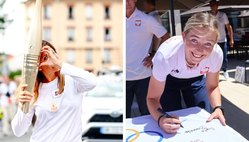 Po lewej: kobieta trzymająca złoty znicz olimpijski / po prawej: uśmiechnięta i pochylona nad stołem żeglarka Agata Barwińska w białej koszulce reprezentacyjnej 