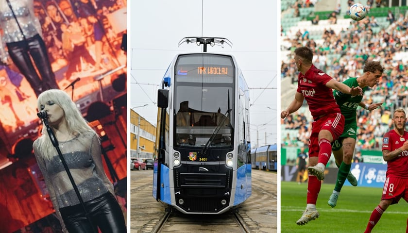 Dawia Zawiałow przy mikrofonie (po lewej), czoło tramwaju (w środku), piłkarze Śląska i Lechii (po prawej)