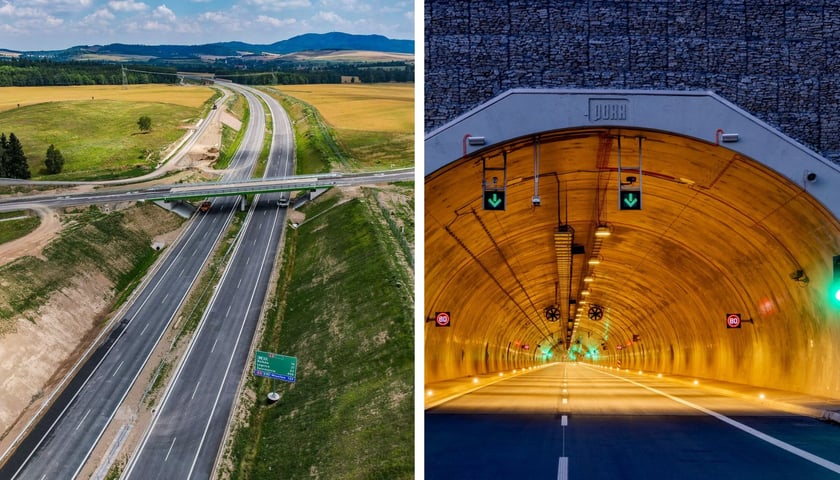 Widok z góry na drogę S3 (góry na horyzoncie) / oświetlony tunel widziany sprzed portalu