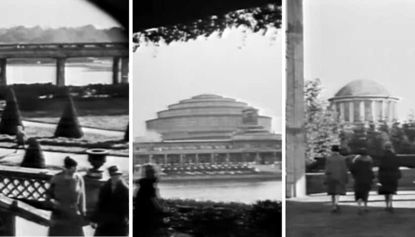 Kolaż trzech kadrów z archiwalnego filmu przedstawiającego Halę Stulecia i jej okolice w 1924 roku
