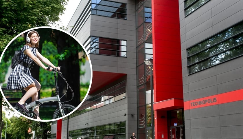 Na zdjęciu w owalu młoda kobieta na rowerze, w tle nowoczesna bryła budynku Politechniki Technopolis
